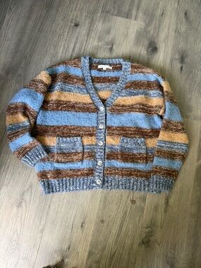 Altar'd State Blue, Brown & Tan Striped V‑Neck Button Cardigan